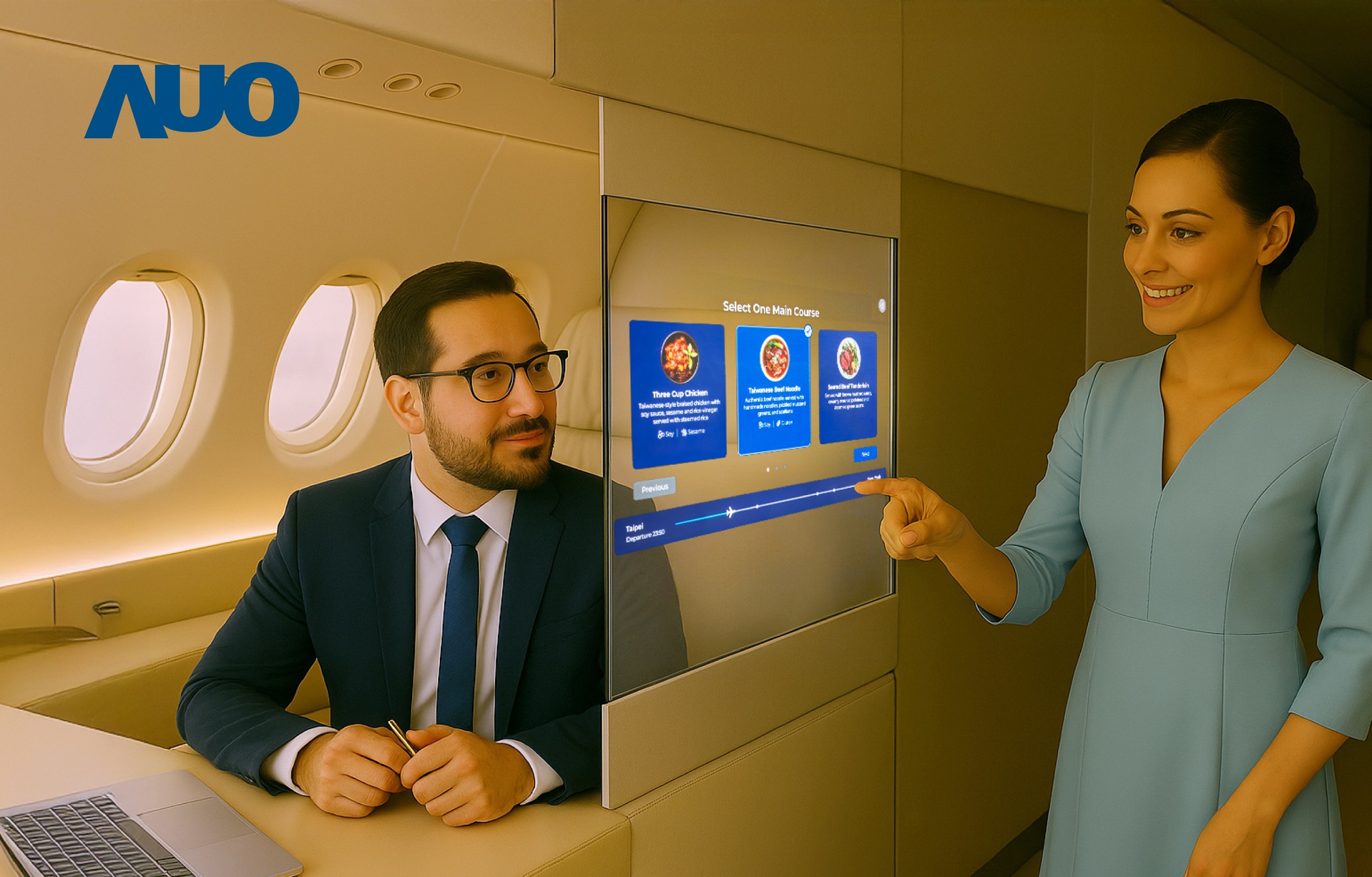 友達(dá)研發(fā)全球最薄17.3 吋雙面透明 Micro LED 顯示器，可在同一螢?zāi)恢p邊投射不同資訊，創(chuàng)造獨(dú)特的「透明化」互動(dòng)；圖為即時(shí)翻譯交流應(yīng)用情境