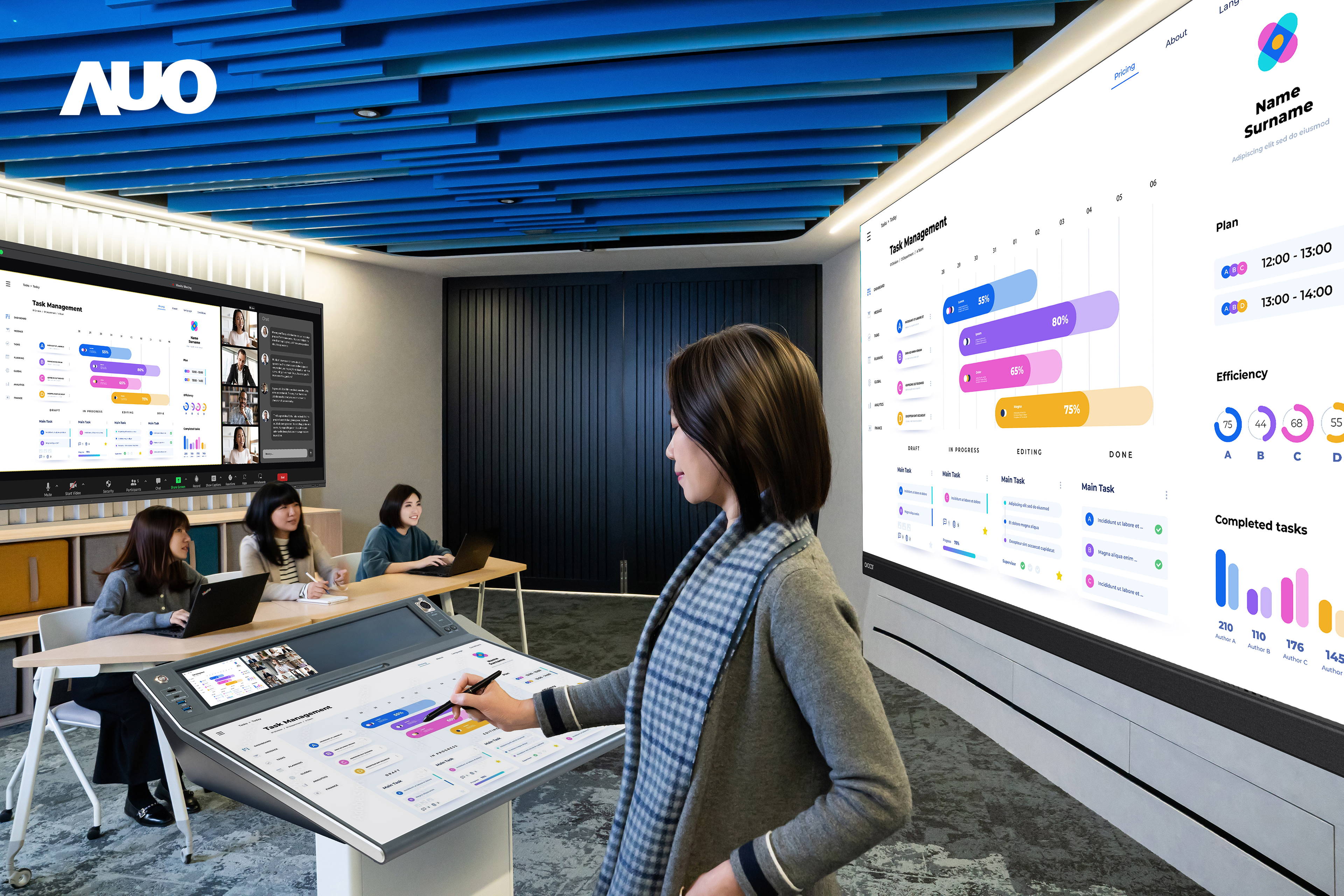 達(dá)擎攜手Avocor與Rise Vision展示全方位商務(wù)領(lǐng)域應(yīng)用，包含採用模組化設(shè)計的138吋一體式All-in-One LED顯示器及具21:9超寬比例的92吋互動式電子白板（IFPD），講者可輕鬆分享內(nèi)容，有效提升會議協(xié)作效率。